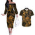 New Zealand Tuatara Couples Matching Off The Shoulder Long Sleeve Dress and Hawaiian Shirt Aotearoa Maori Clematis Flowers - Gold