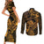 New Zealand Tuatara Couples Matching Short Sleeve Bodycon Dress and Long Sleeve Button Shirt Aotearoa Maori Clematis Flowers - Gold