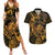 New Zealand Tuatara Couples Matching Summer Maxi Dress and Hawaiian Shirt Aotearoa Maori Clematis Flowers - Gold