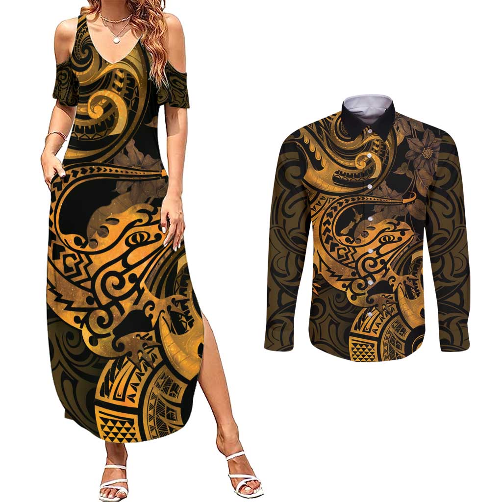 New Zealand Tuatara Couples Matching Summer Maxi Dress and Long Sleeve Button Shirt Aotearoa Maori Clematis Flowers - Gold