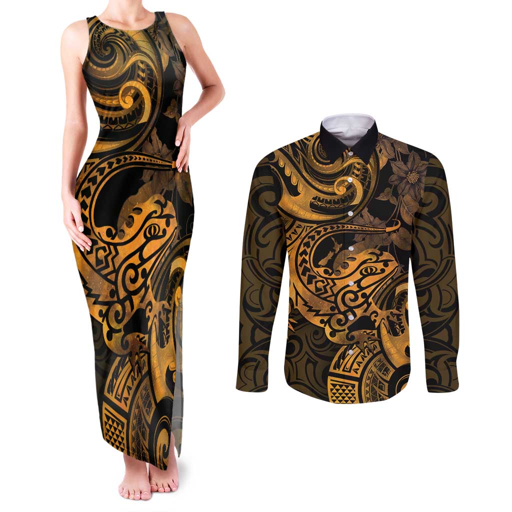 New Zealand Tuatara Couples Matching Tank Maxi Dress and Long Sleeve Button Shirt Aotearoa Maori Clematis Flowers - Gold