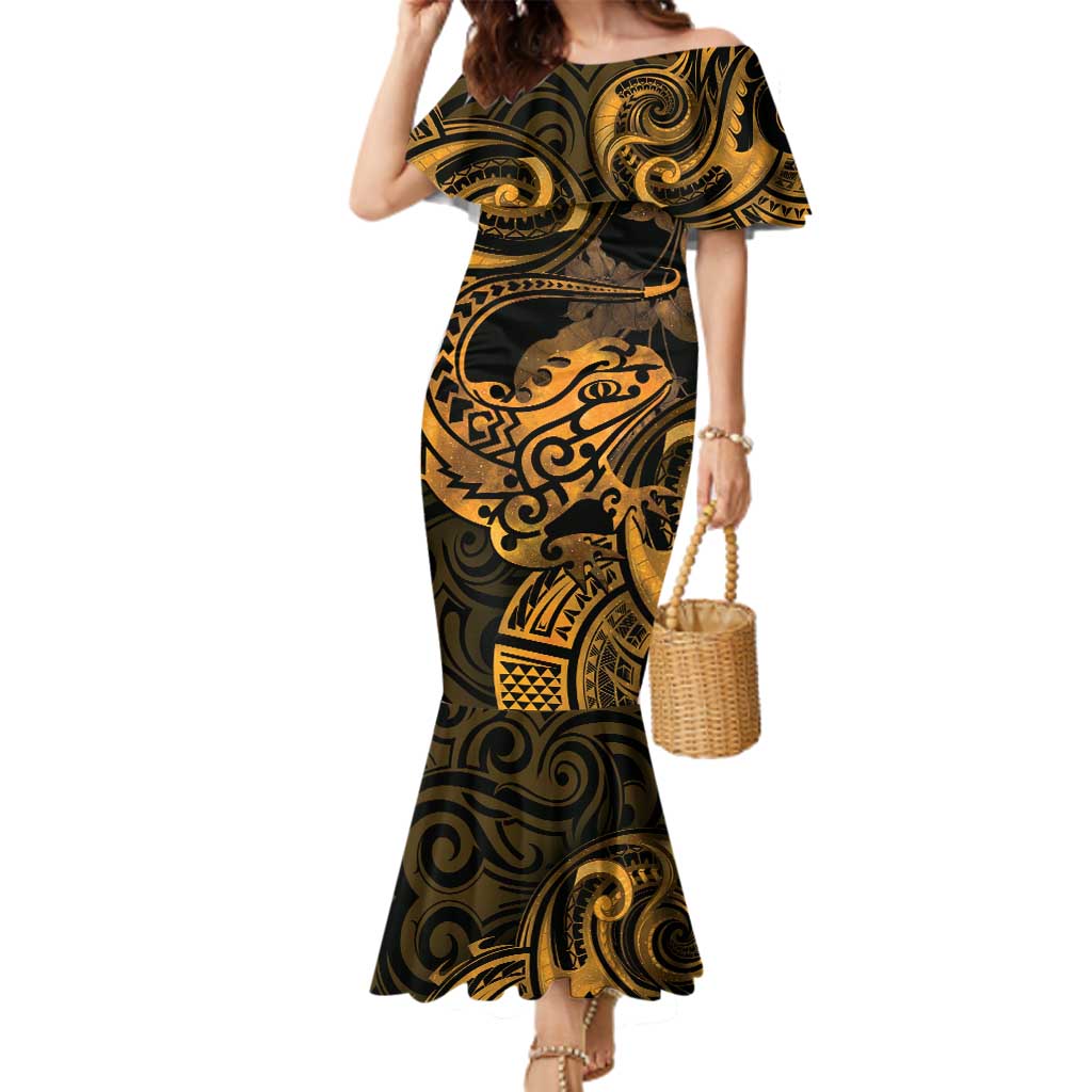 New Zealand Tuatara Family Matching Mermaid Dress and Hawaiian Shirt Aotearoa Maori Clematis Flowers - Gold