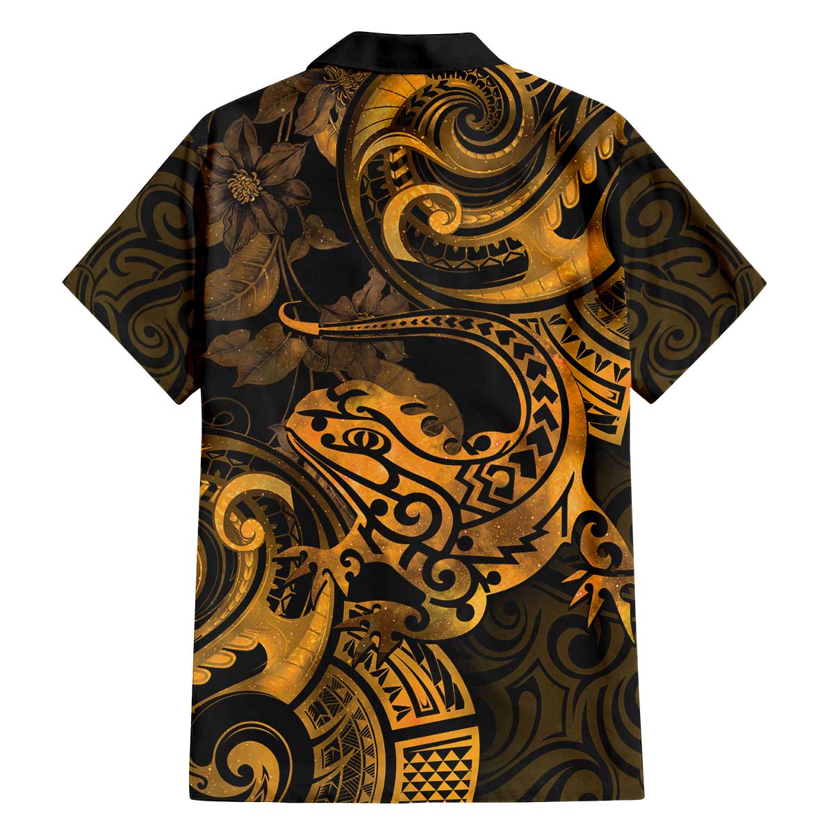 New Zealand Tuatara Family Matching Off The Shoulder Long Sleeve Dress and Hawaiian Shirt Aotearoa Maori Clematis Flowers - Gold