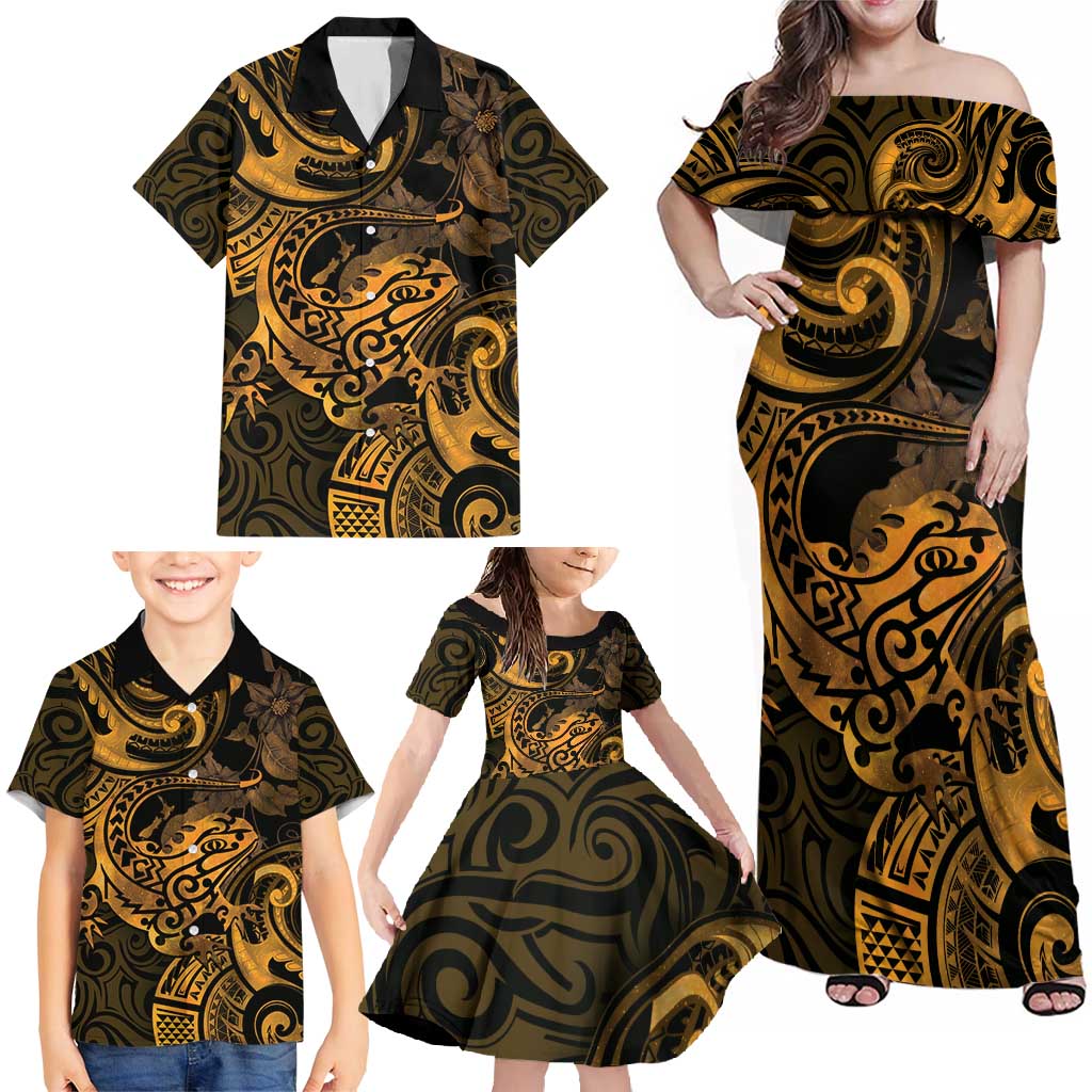 New Zealand Tuatara Family Matching Off Shoulder Maxi Dress and Hawaiian Shirt Aotearoa Maori Clematis Flowers - Gold