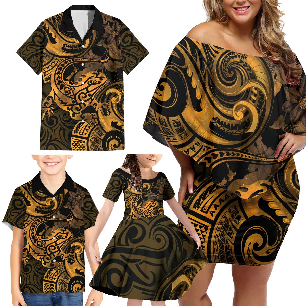 New Zealand Tuatara Family Matching Off Shoulder Short Dress and Hawaiian Shirt Aotearoa Maori Clematis Flowers - Gold