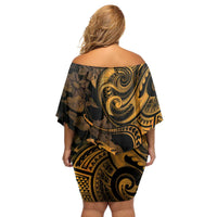 New Zealand Tuatara Family Matching Off Shoulder Short Dress and Hawaiian Shirt Aotearoa Maori Clematis Flowers - Gold