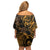 New Zealand Tuatara Family Matching Off Shoulder Short Dress and Hawaiian Shirt Aotearoa Maori Clematis Flowers - Gold