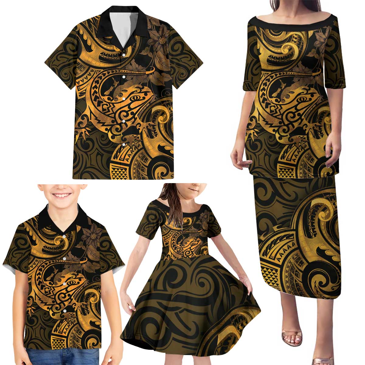 New Zealand Tuatara Family Matching Puletasi and Hawaiian Shirt Aotearoa Maori Clematis Flowers - Gold LT14 - Polynesian Pride