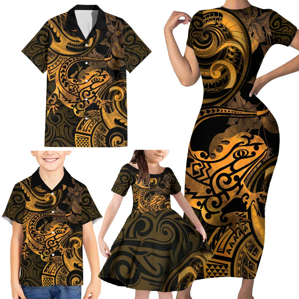 New Zealand Tuatara Family Matching Short Sleeve Bodycon Dress and Hawaiian Shirt Aotearoa Maori Clematis Flowers - Gold