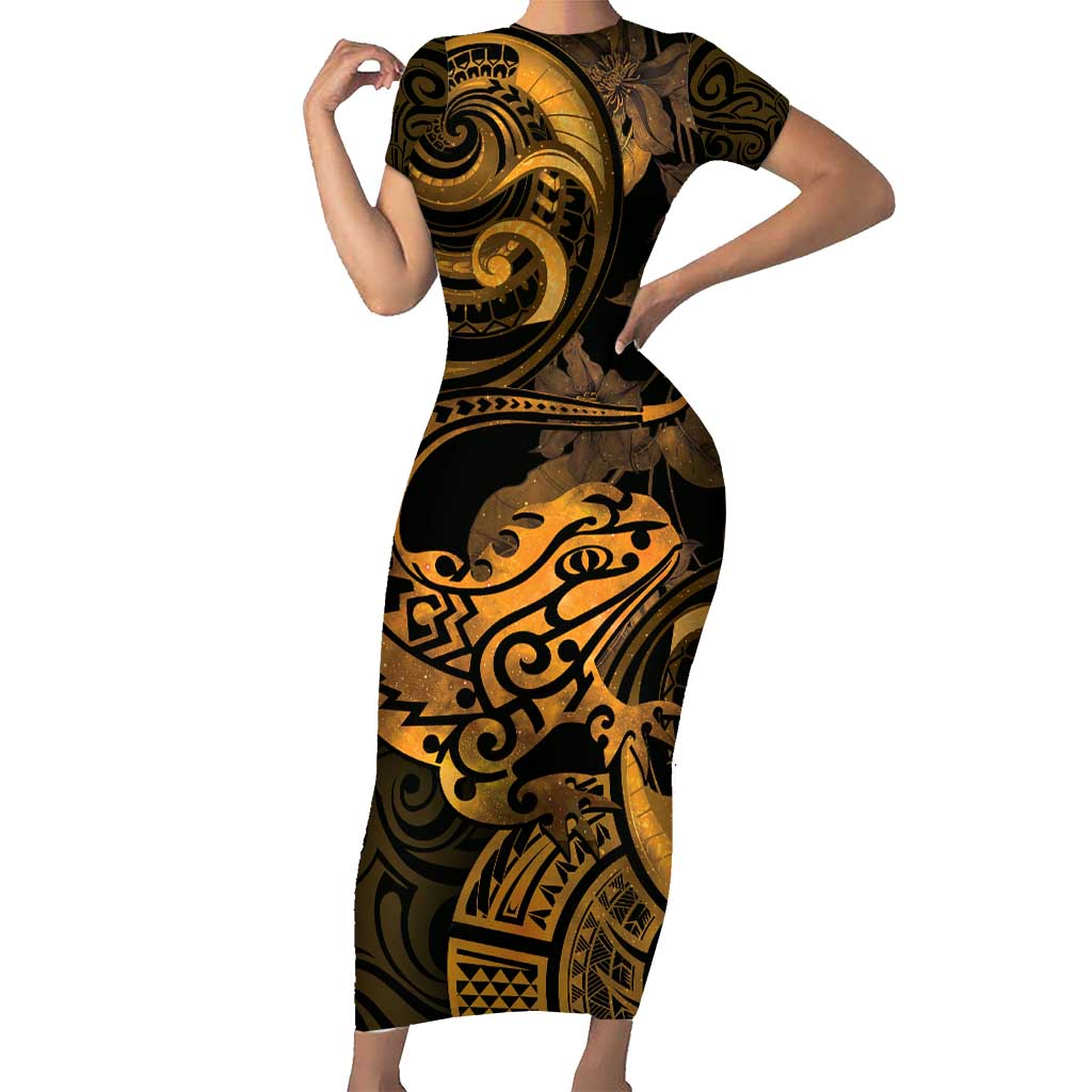 New Zealand Tuatara Family Matching Short Sleeve Bodycon Dress and Hawaiian Shirt Aotearoa Maori Clematis Flowers - Gold