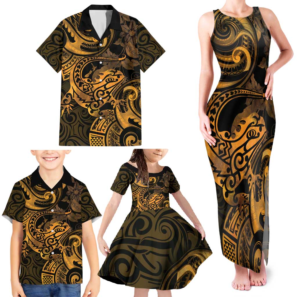 New Zealand Tuatara Family Matching Tank Maxi Dress and Hawaiian Shirt Aotearoa Maori Clematis Flowers - Gold LT14 - Polynesian Pride