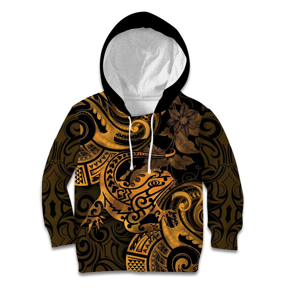 New Zealand Tuatara Kid Hoodie Aotearoa Maori Clematis Flowers - Gold