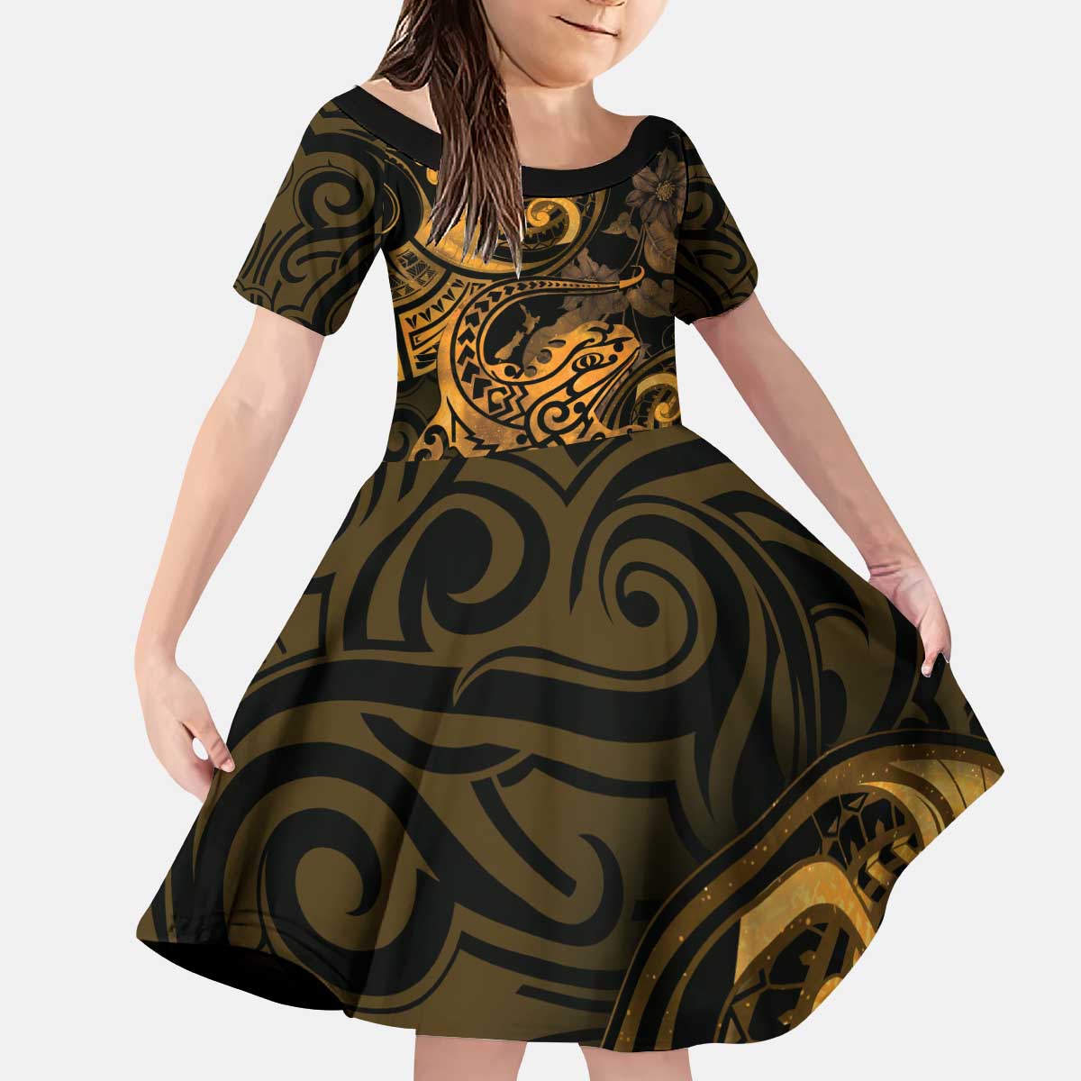 New Zealand Tuatara Kid Short Sleeve Dress Aotearoa Maori Clematis Flowers - Gold