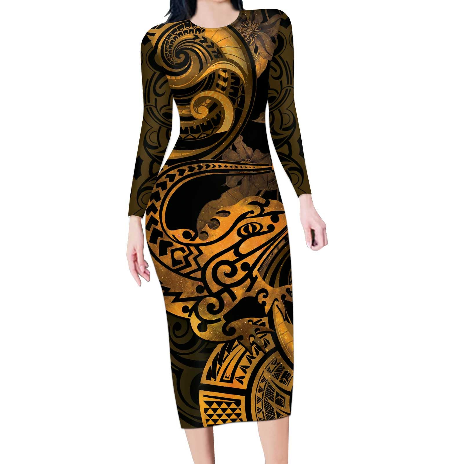 New Zealand Tuatara Long Sleeve Bodycon Dress Aotearoa Maori Clematis Flowers - Gold