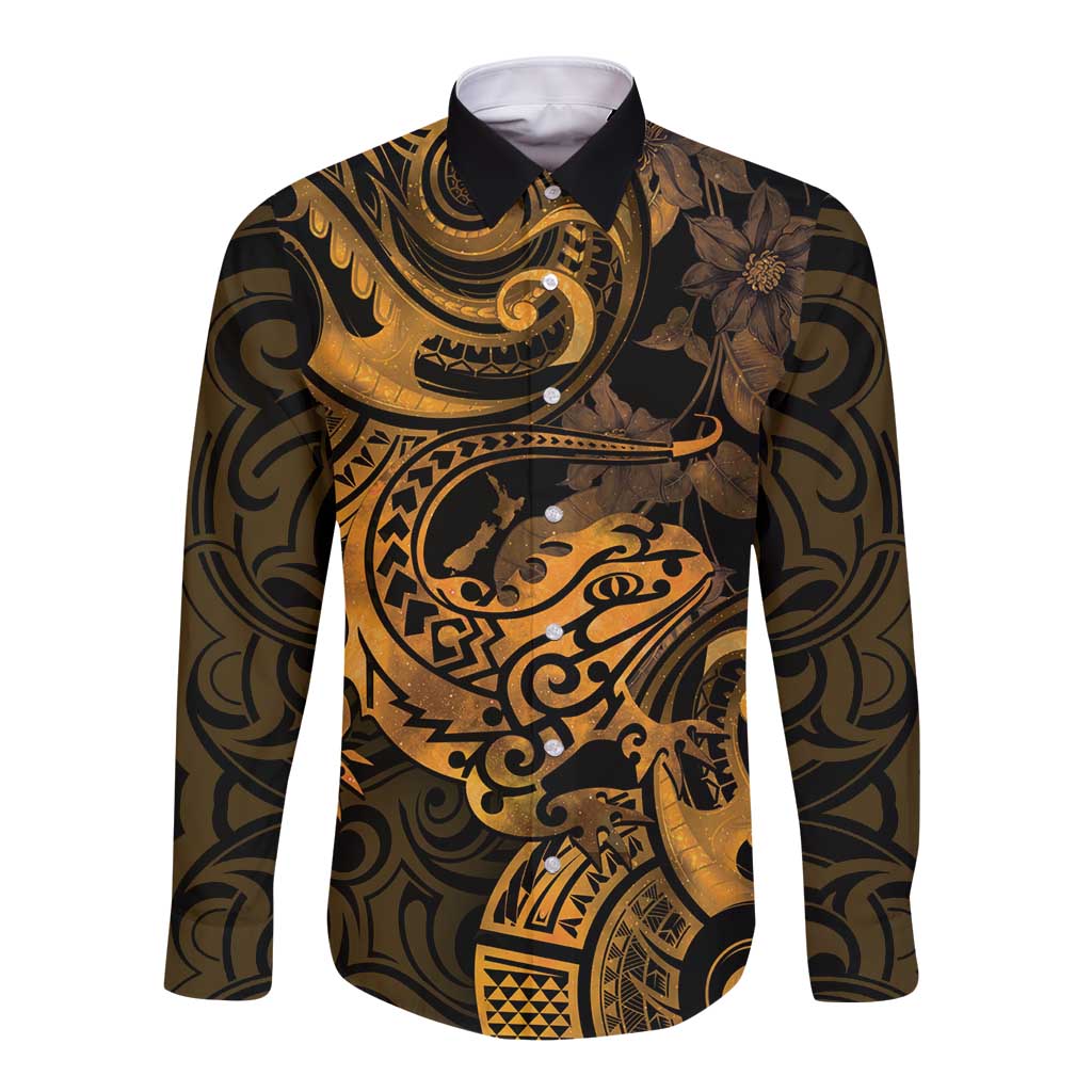 New Zealand Tuatara Long Sleeve Button Shirt Aotearoa Maori Clematis Flowers - Gold