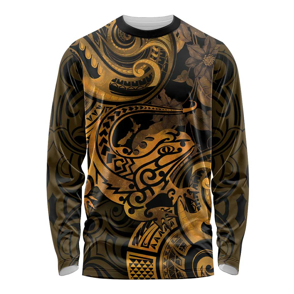 New Zealand Tuatara Long Sleeve Shirt Aotearoa Maori Clematis Flowers - Gold