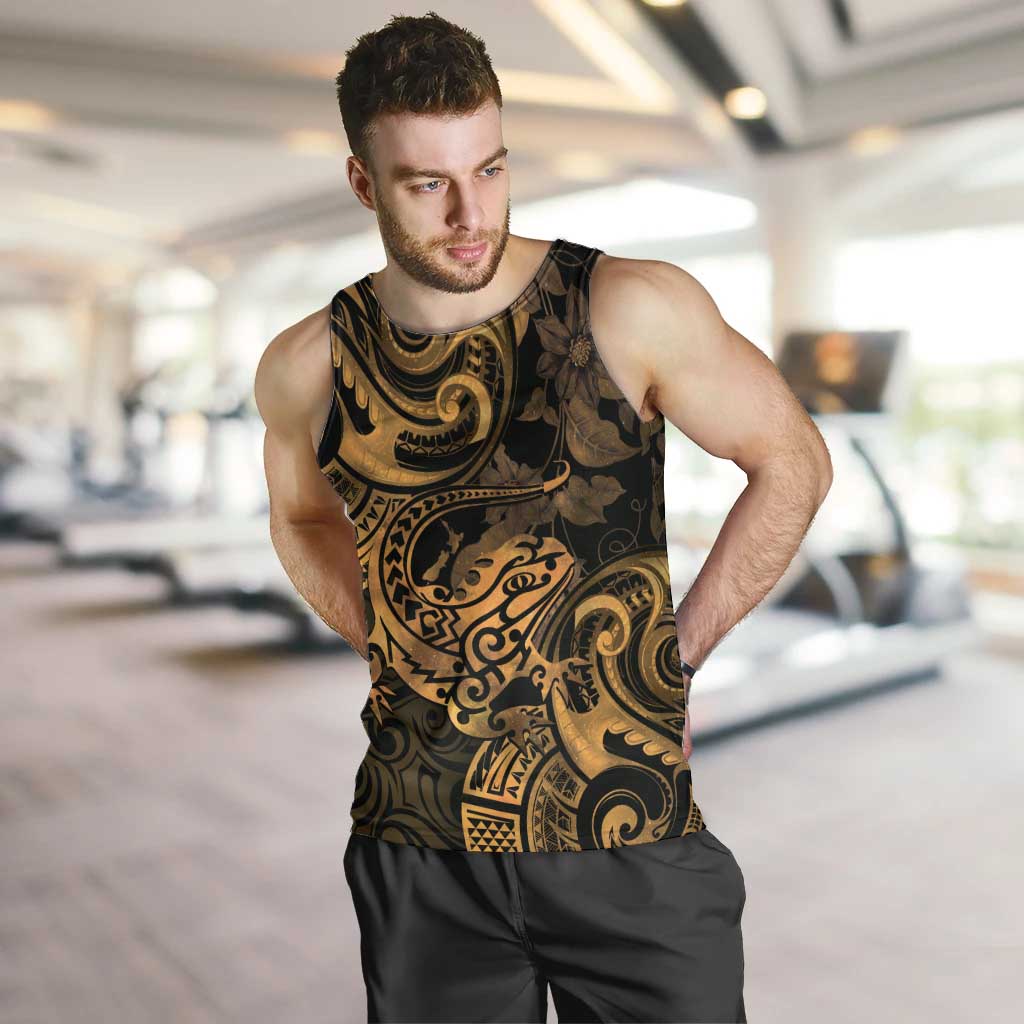 New Zealand Tuatara Men Tank Top Aotearoa Maori Clematis Flowers - Gold