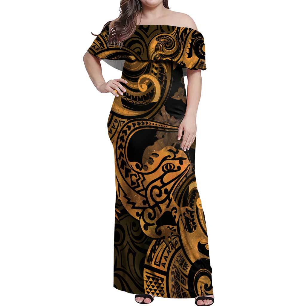 New Zealand Tuatara Off Shoulder Maxi Dress Aotearoa Maori Clematis Flowers - Gold