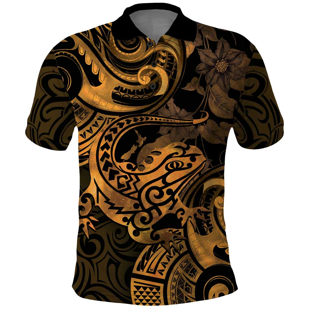 New Zealand Tuatara Polo Shirt Aotearoa Maori Clematis Flowers - Gold