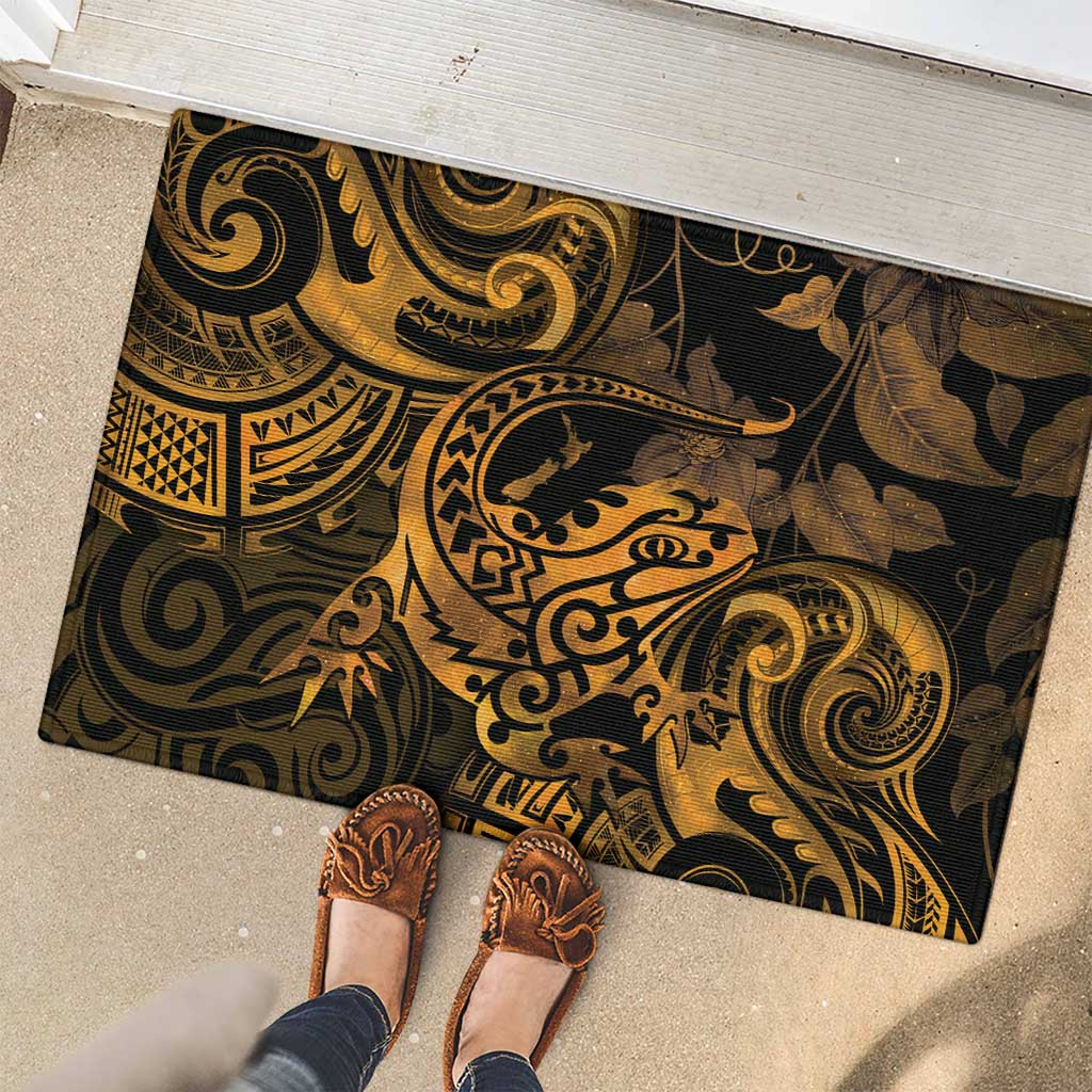 New Zealand Tuatara Rubber Doormat Aotearoa Maori Clematis Flowers - Gold LT14 - Polynesian Pride