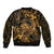 New Zealand Tuatara Sleeve Zip Bomber Jacket Aotearoa Maori Clematis Flowers - Gold