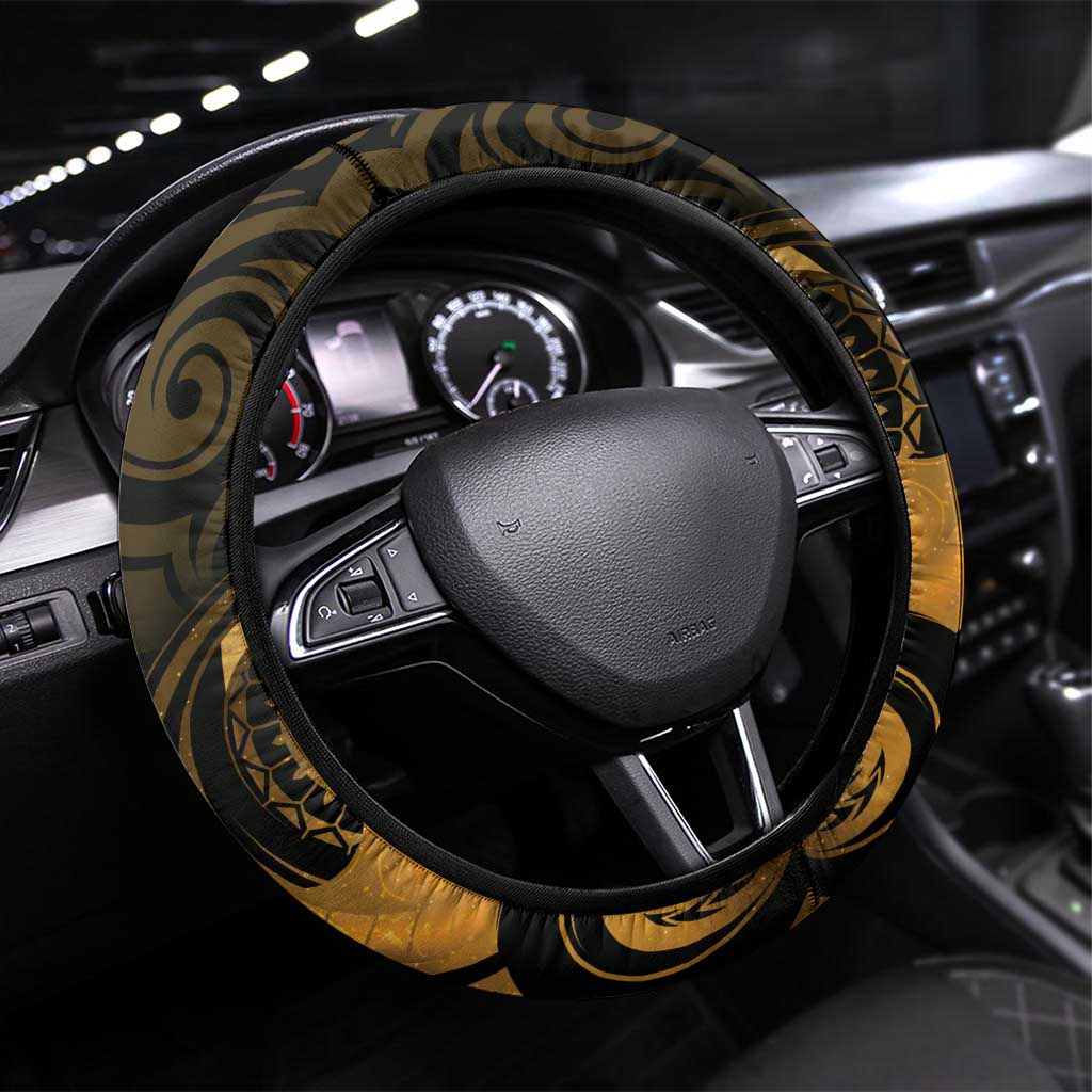 New Zealand Tuatara Steering Wheel Cover Aotearoa Maori Clematis Flowers - Gold