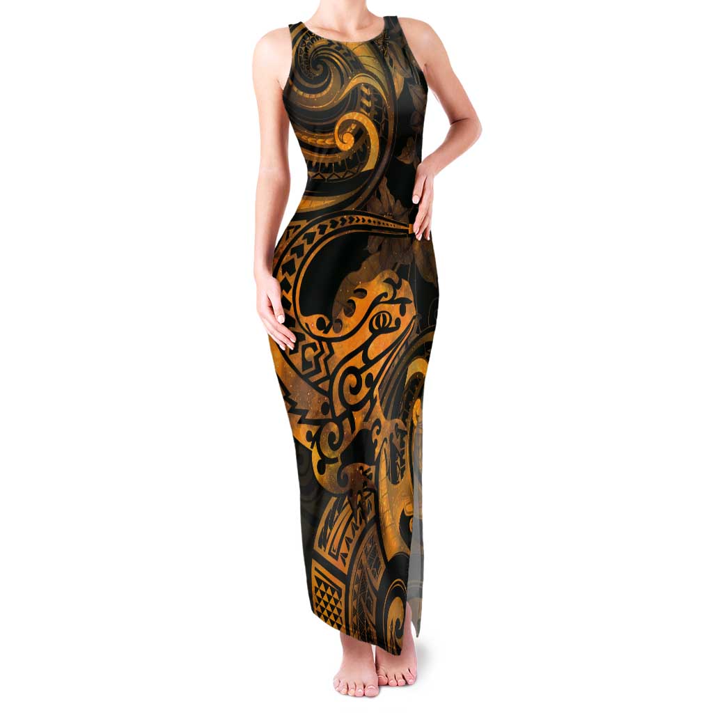 New Zealand Tuatara Tank Maxi Dress Aotearoa Maori Clematis Flowers - Gold