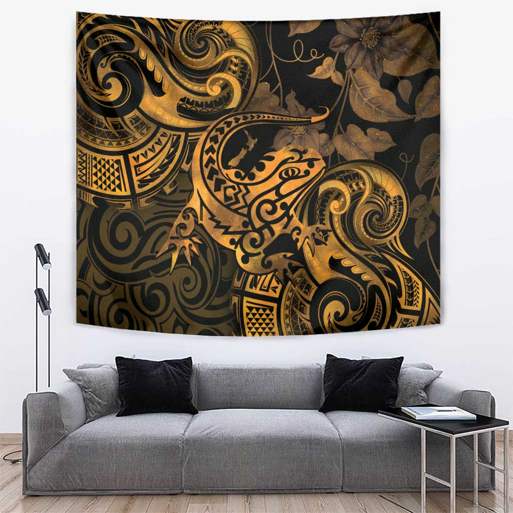 New Zealand Tuatara Tapestry Aotearoa Maori Clematis Flowers - Gold