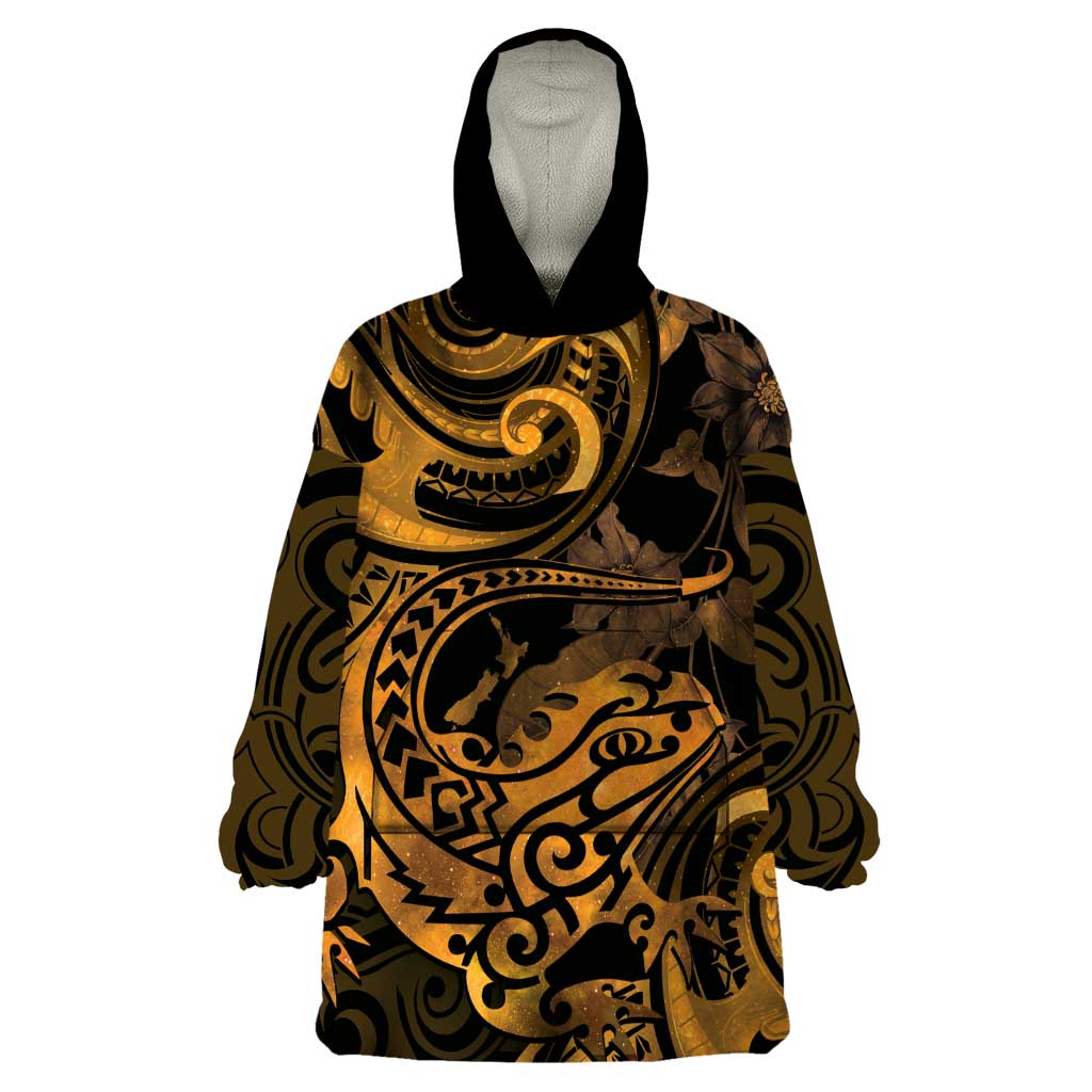 New Zealand Tuatara Wearable Blanket Hoodie Aotearoa Maori Clematis Flowers - Gold