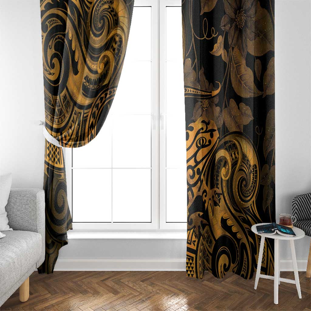 New Zealand Tuatara Window Curtain Aotearoa Maori Clematis Flowers - Gold LT14 - Polynesian Pride