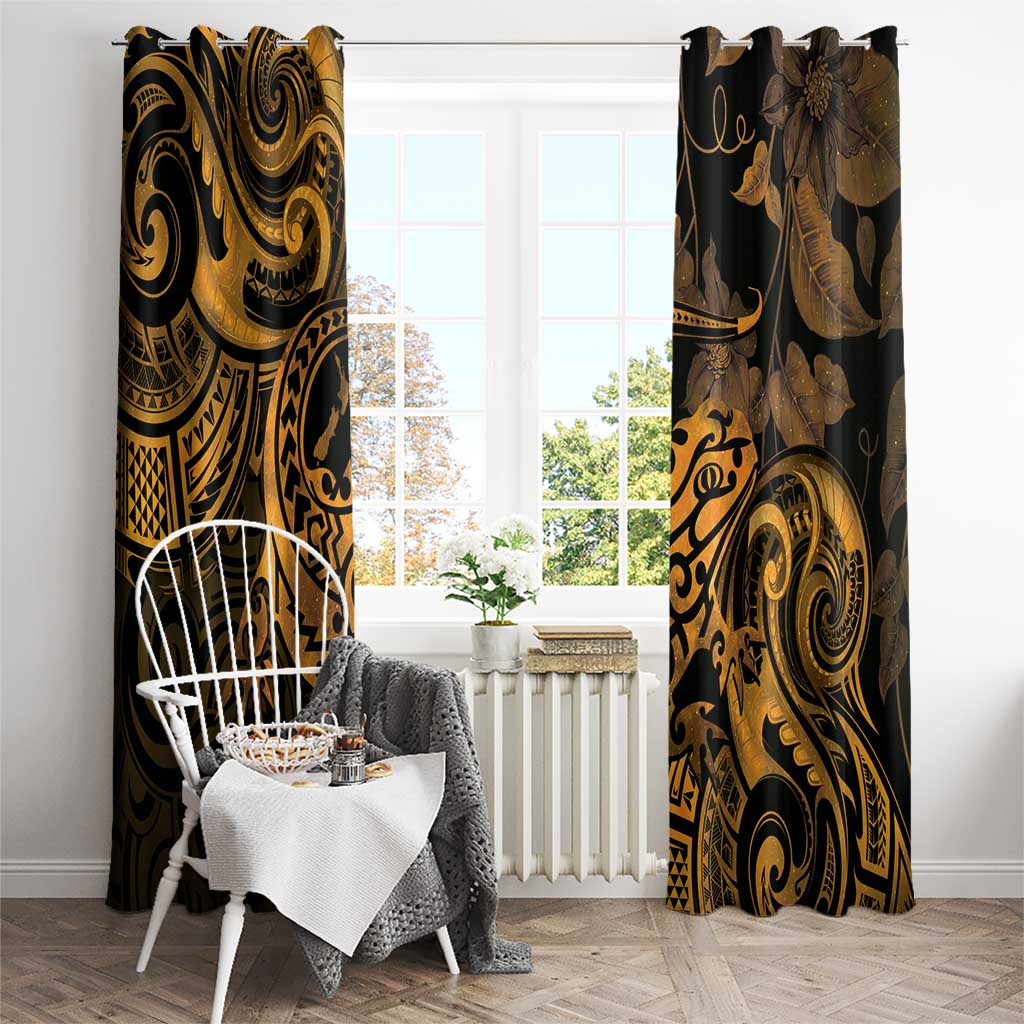 New Zealand Tuatara Window Curtain Aotearoa Maori Clematis Flowers - Gold LT14 - Polynesian Pride
