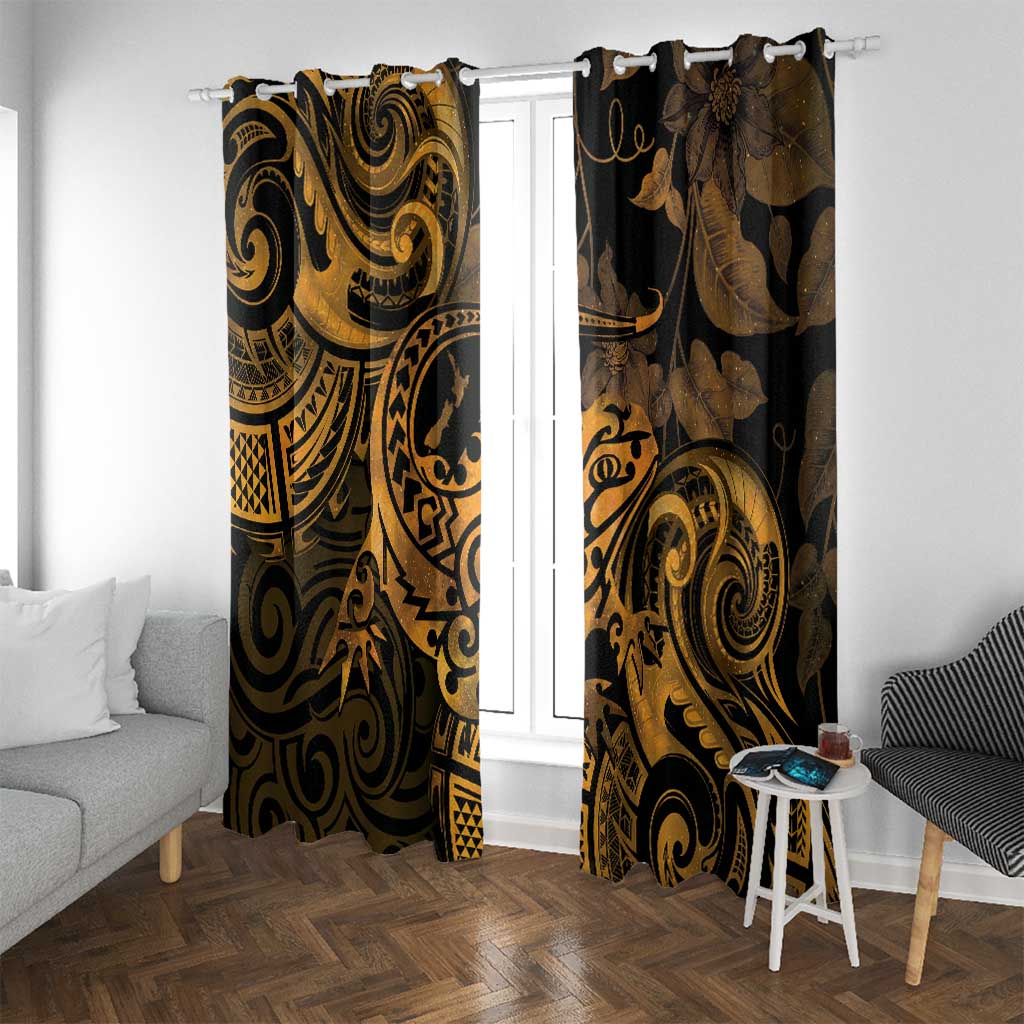 New Zealand Tuatara Window Curtain Aotearoa Maori Clematis Flowers - Gold LT14 With Grommets Gold - Polynesian Pride