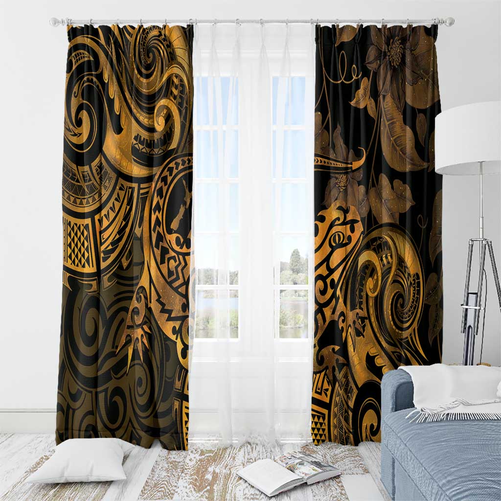 New Zealand Tuatara Window Curtain Aotearoa Maori Clematis Flowers - Gold LT14 - Polynesian Pride