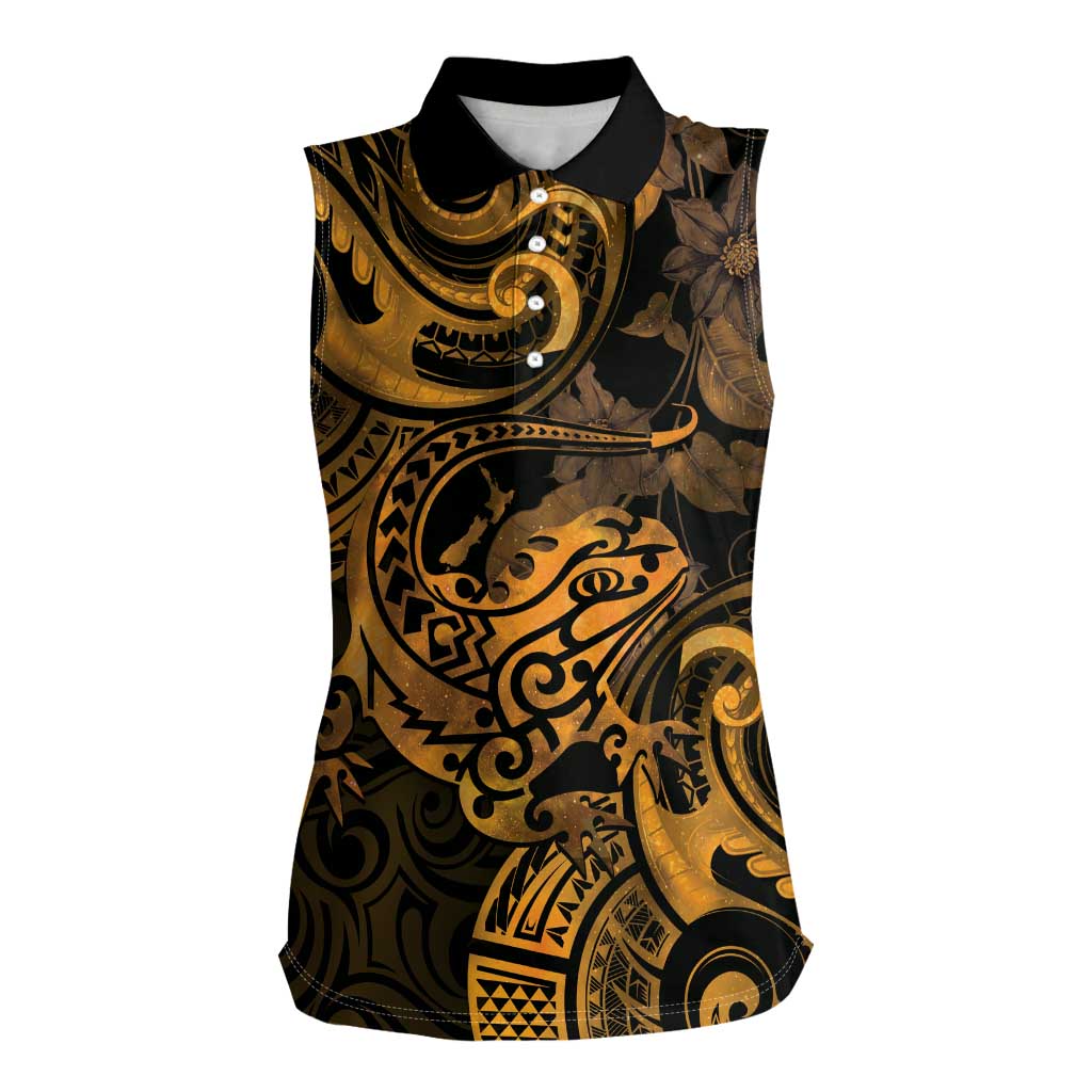 New Zealand Tuatara Women Sleeveless Polo Shirt Aotearoa Maori Clematis Flowers - Gold