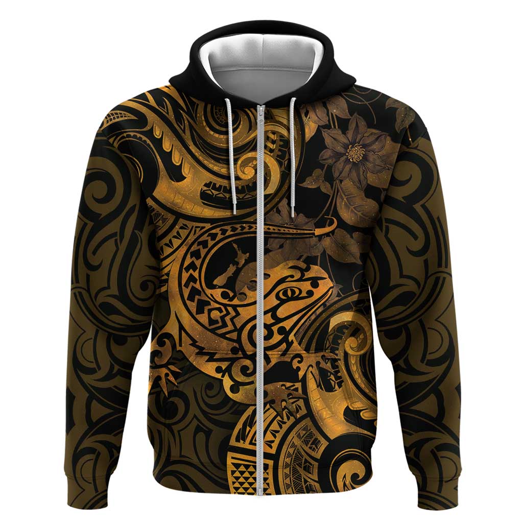 New Zealand Tuatara Zip Hoodie Aotearoa Maori Clematis Flowers - Gold