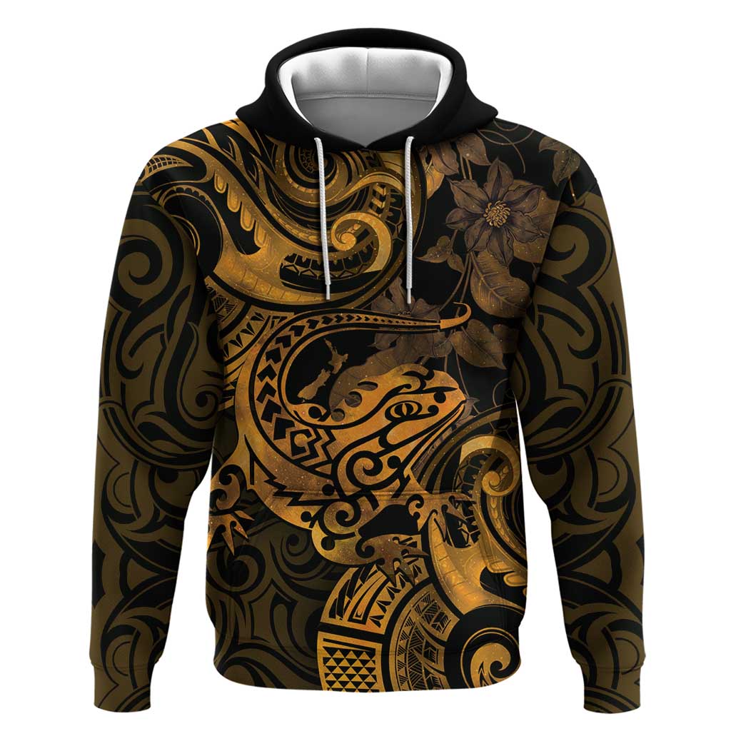 New Zealand Tuatara Zip Hoodie Aotearoa Maori Clematis Flowers - Gold