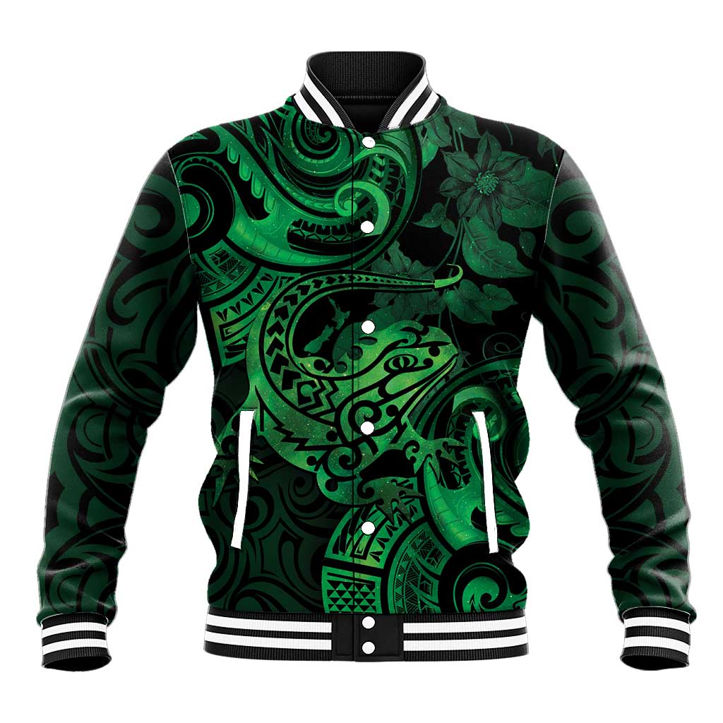 New Zealand Tuatara Baseball Jacket Aotearoa Maori Clematis Flowers - Green LT14 Unisex Green - Polynesian Pride