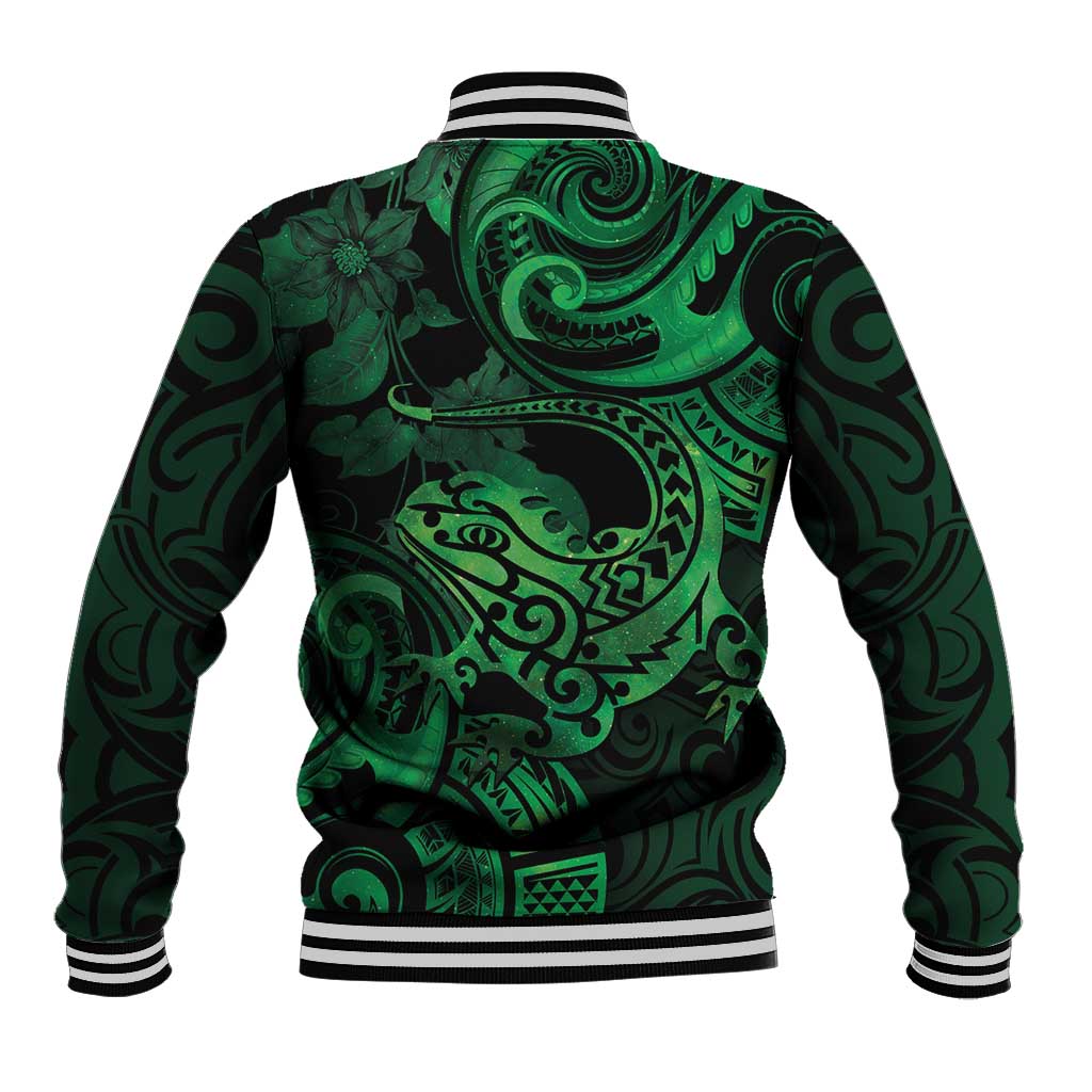 New Zealand Tuatara Baseball Jacket Aotearoa Maori Clematis Flowers - Green LT14 - Polynesian Pride