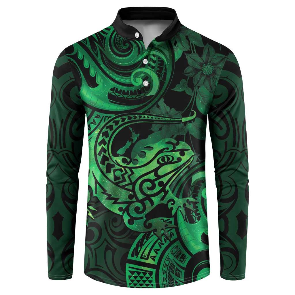 New Zealand Tuatara Button Sweatshirt Aotearoa Maori Clematis Flowers - Green LT14 Green - Polynesian Pride