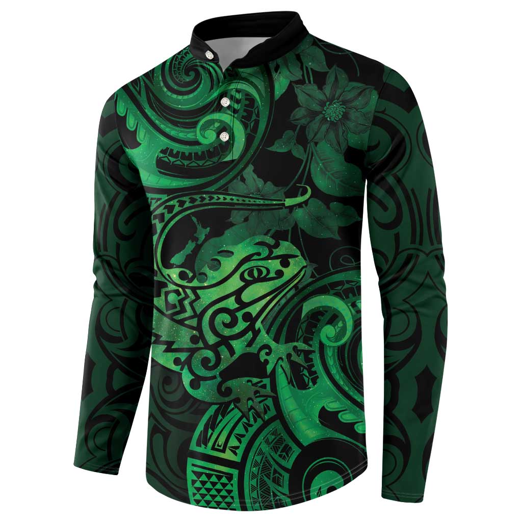 New Zealand Tuatara Button Sweatshirt Aotearoa Maori Clematis Flowers - Green LT14 - Polynesian Pride