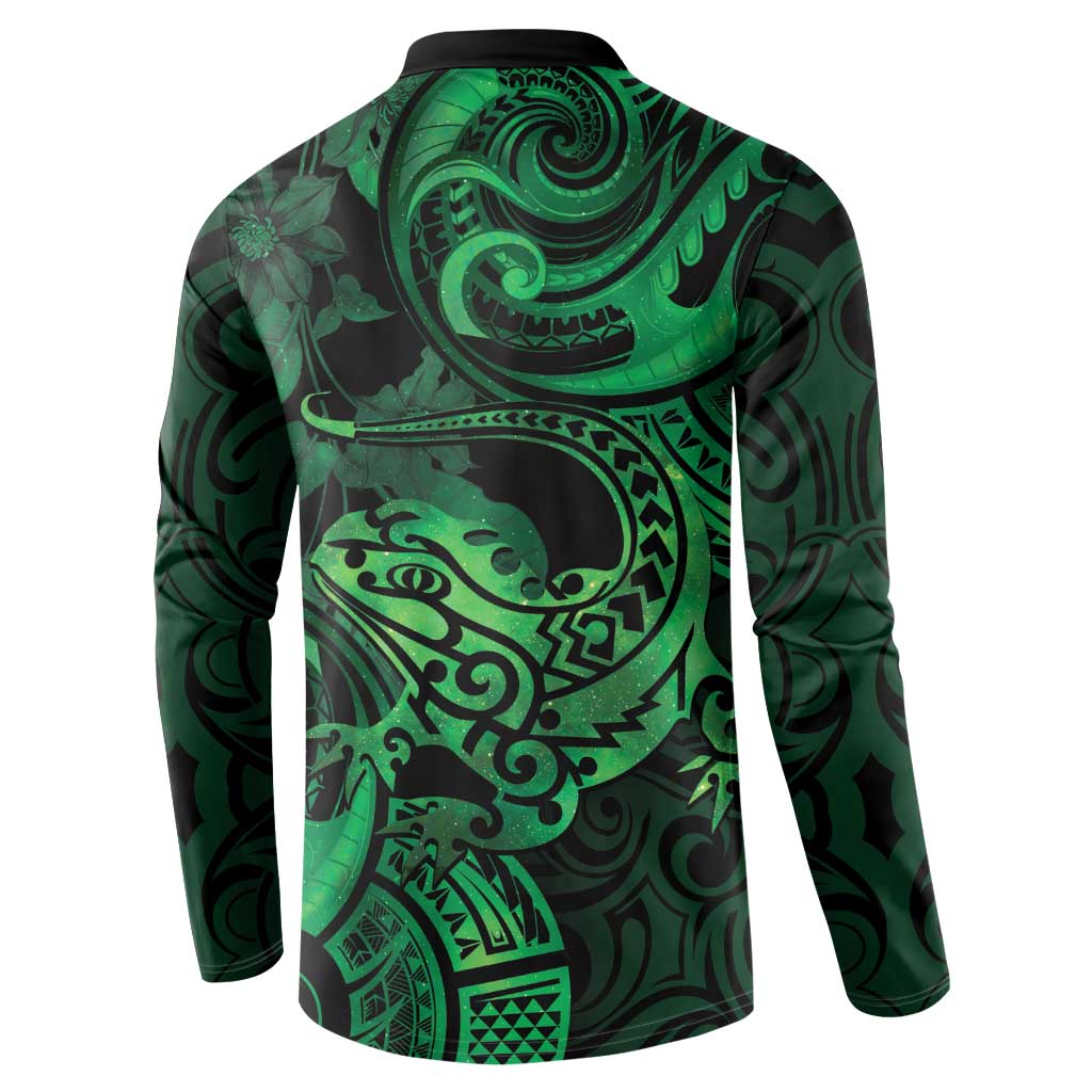 New Zealand Tuatara Button Sweatshirt Aotearoa Maori Clematis Flowers - Green LT14 - Polynesian Pride