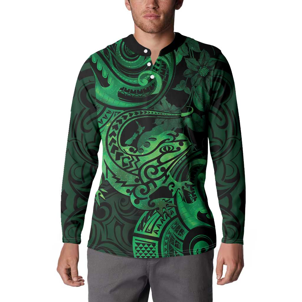New Zealand Tuatara Button Sweatshirt Aotearoa Maori Clematis Flowers - Green LT14 - Polynesian Pride