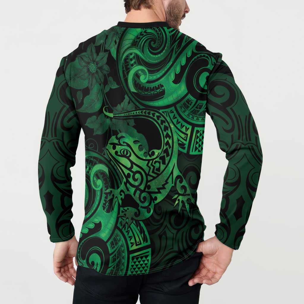 New Zealand Tuatara Button Sweatshirt Aotearoa Maori Clematis Flowers - Green LT14 - Polynesian Pride