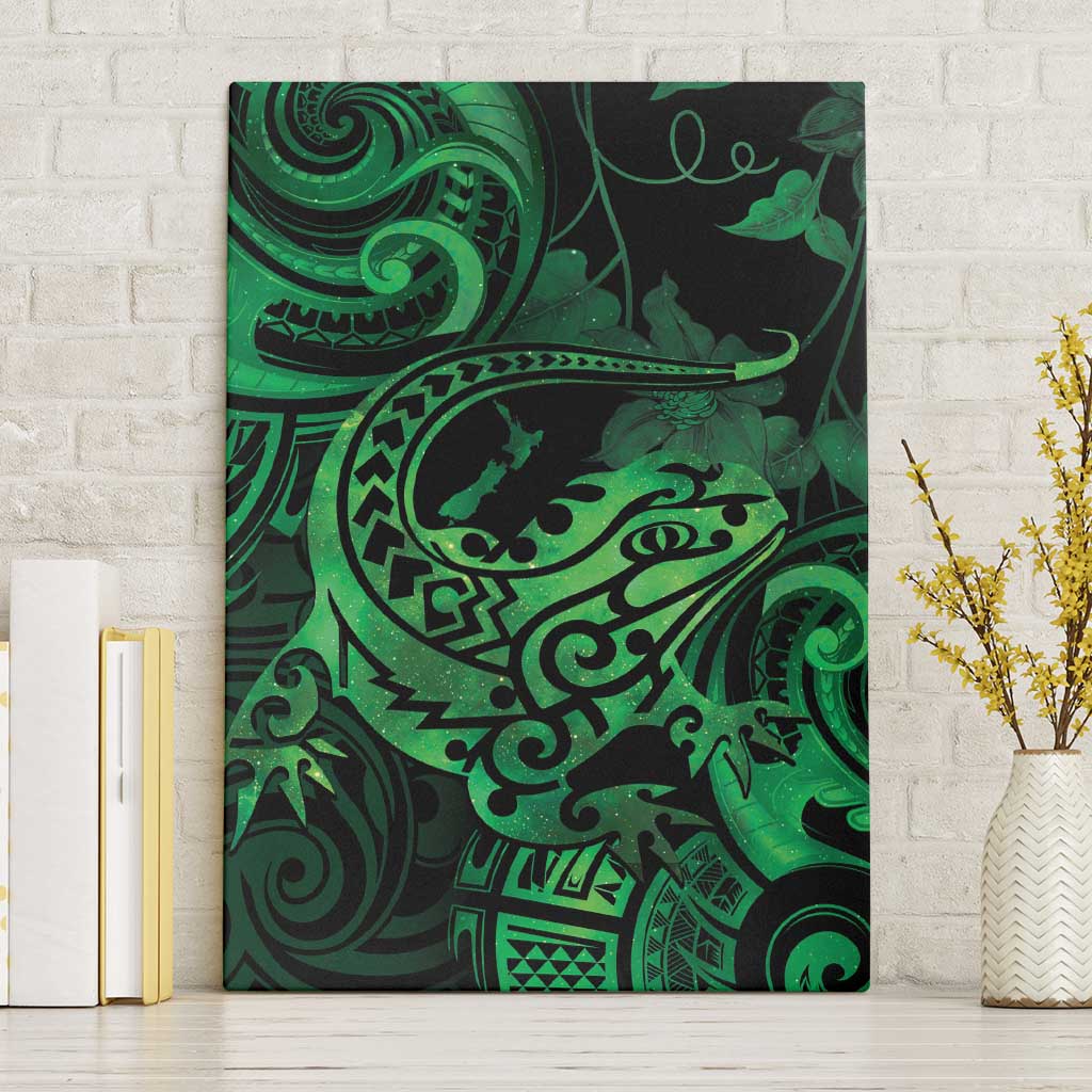 New Zealand Tuatara Canvas Wall Art Aotearoa Maori Clematis Flowers - Green