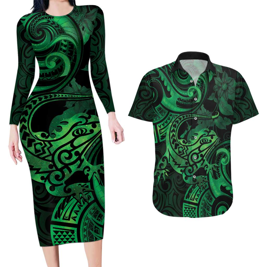 New Zealand Tuatara Couples Matching Long Sleeve Bodycon Dress and Hawaiian Shirt Aotearoa Maori Clematis Flowers - Green