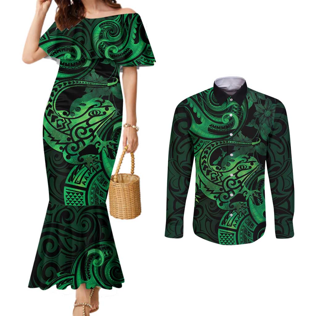 New Zealand Tuatara Couples Matching Mermaid Dress and Long Sleeve Button Shirt Aotearoa Maori Clematis Flowers - Green