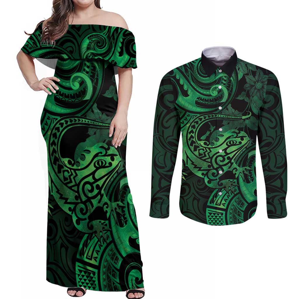 New Zealand Tuatara Couples Matching Off Shoulder Maxi Dress and Long Sleeve Button Shirt Aotearoa Maori Clematis Flowers - Green