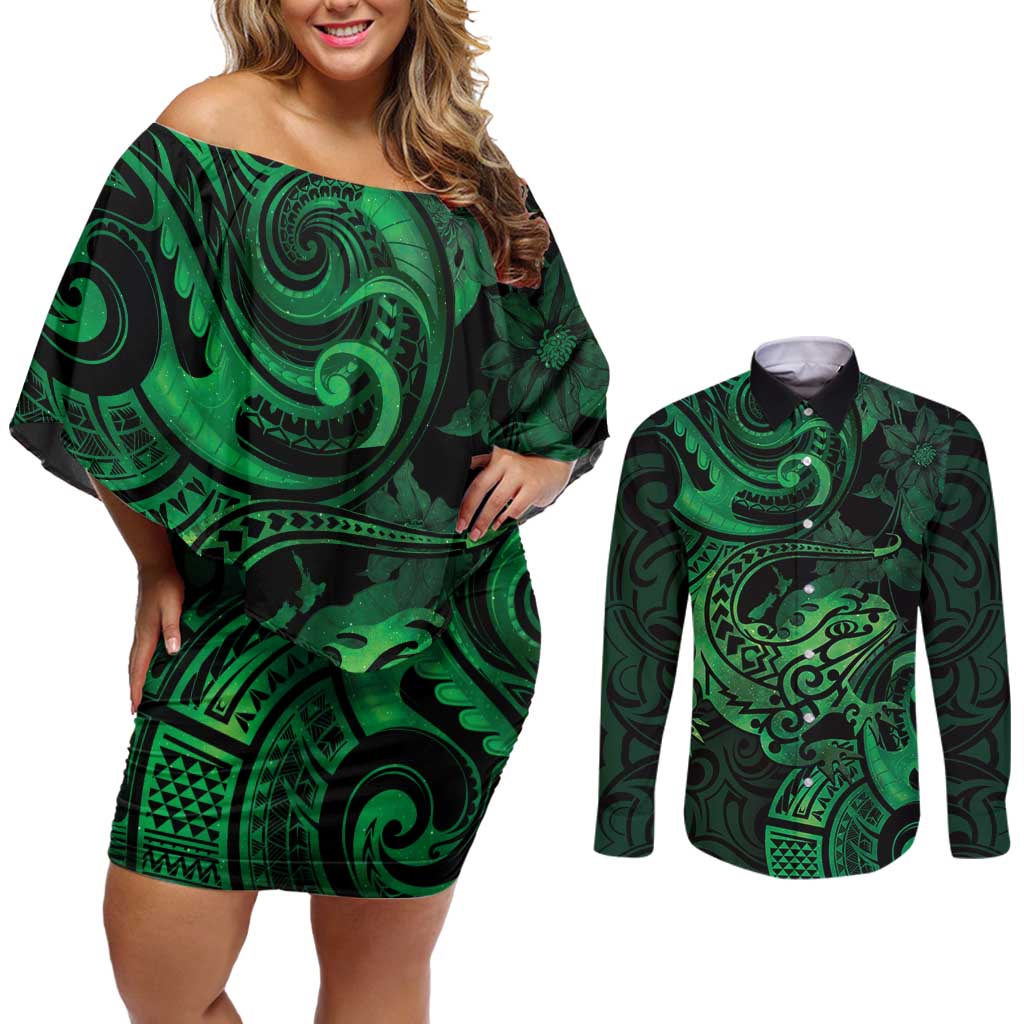 New Zealand Tuatara Couples Matching Off Shoulder Short Dress and Long Sleeve Button Shirt Aotearoa Maori Clematis Flowers - Green