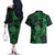 New Zealand Tuatara Couples Matching Off The Shoulder Long Sleeve Dress and Hawaiian Shirt Aotearoa Maori Clematis Flowers - Green