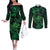 New Zealand Tuatara Couples Matching Off The Shoulder Long Sleeve Dress and Long Sleeve Button Shirt Aotearoa Maori Clematis Flowers - Green